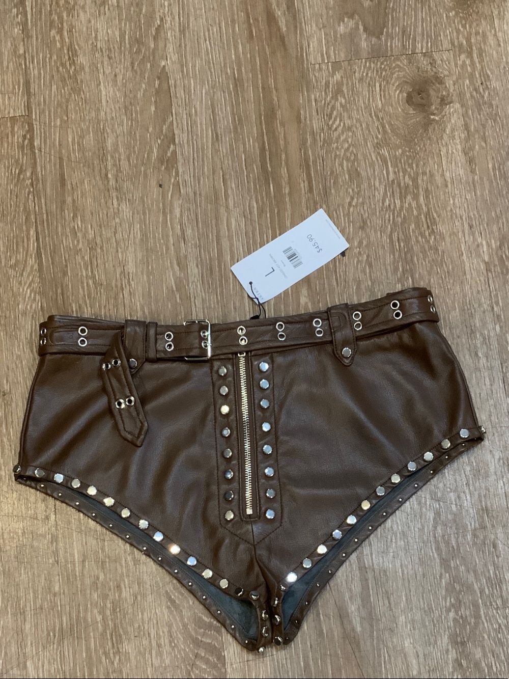Studded Faux Leather High-Waist Women's Shorts - Brown